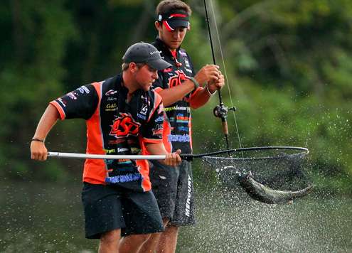 The fish is lifted aboard, and the Oklahoma State team is off to a quick start.