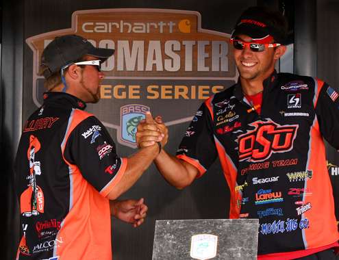 <p>
Birge and Flurry celebrate their team victory; the next time they meet on the water, they will be competing against each other for a berth in the 2013 Bassmaster Classic.</p>