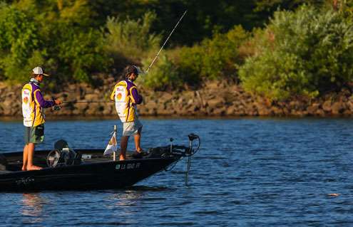 The Louisiana State University team of Drew Comeaux and Jordan Bloodsworth dropped a buoy to mark a deep brushpile.