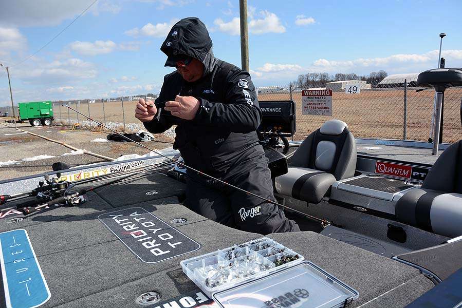 Jacob Powroznik is the first angler back from practice. He arrives at 11:30 a.m. to spend the afternoon prepping tackle for the competition. Not having to do the work tomorrow is the reason and itâs likely a good idea. The forecast high is 24 degrees. 