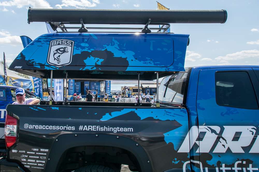 Of course, A.R.E. Truck Caps is in the BASSgarage. Check out this raised truck cap, the Easy Lift. You could watch the weigh-in through it! It raises in 30 seconds, and can hold 900 pounds. 