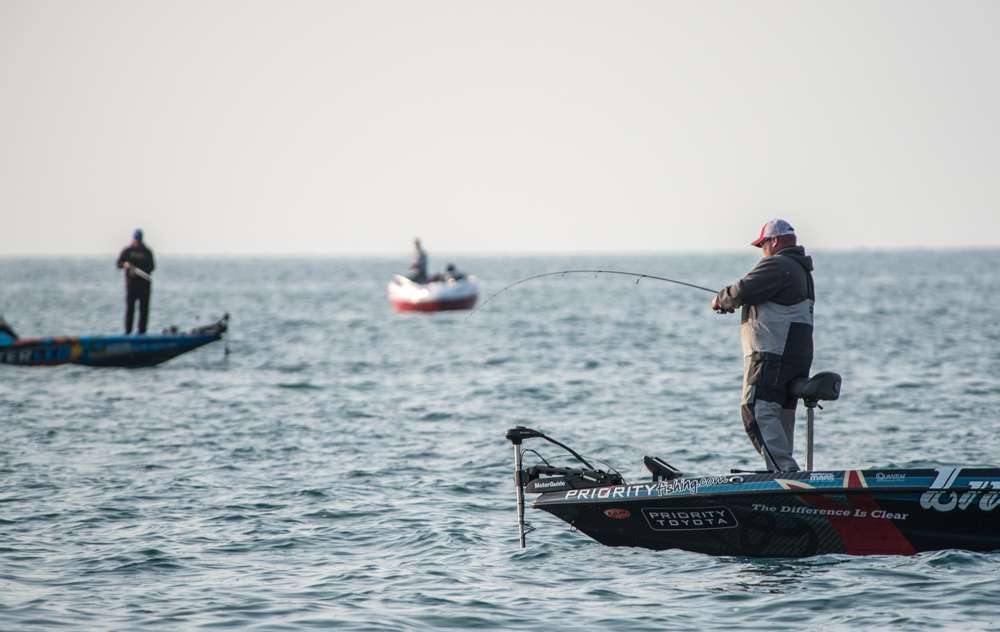  Farther out into Lake St. Clair Jacob Powroznik and quite a few other anglers (both pros and locals) were fishing near the shipping channel. Jacob was hooked up with a little smallmouth.