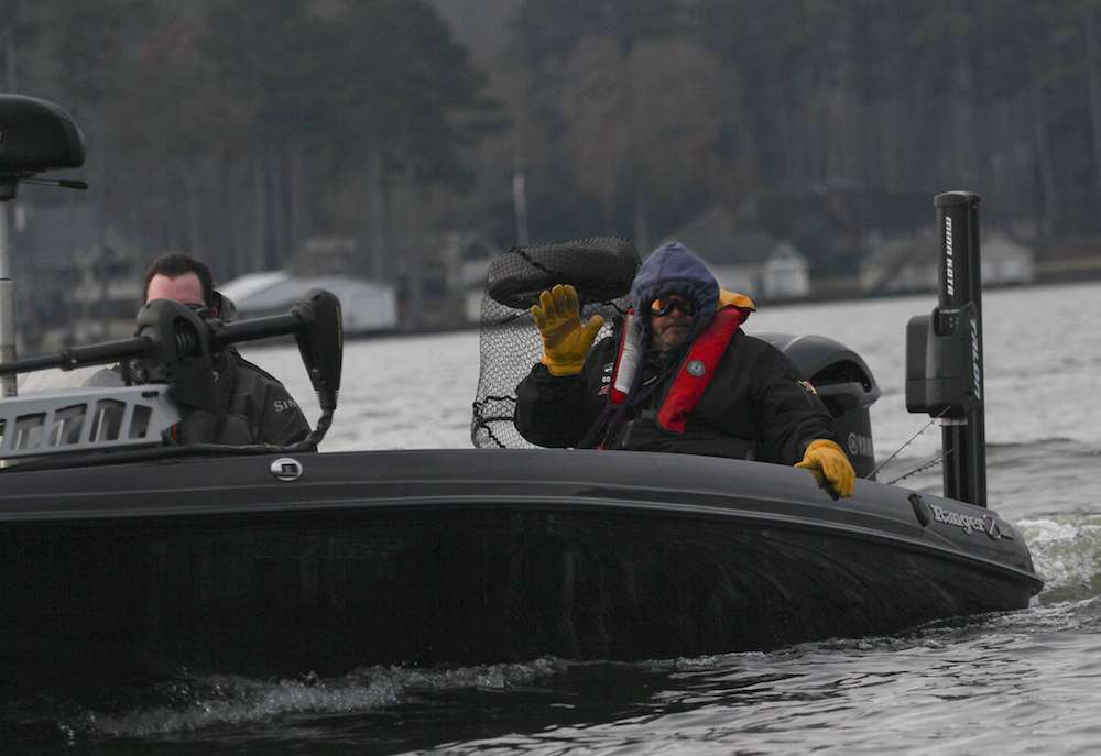 As you can tell by this angler's attire, it was quite chilly this morning - especially on a bass boat flying down the lake.