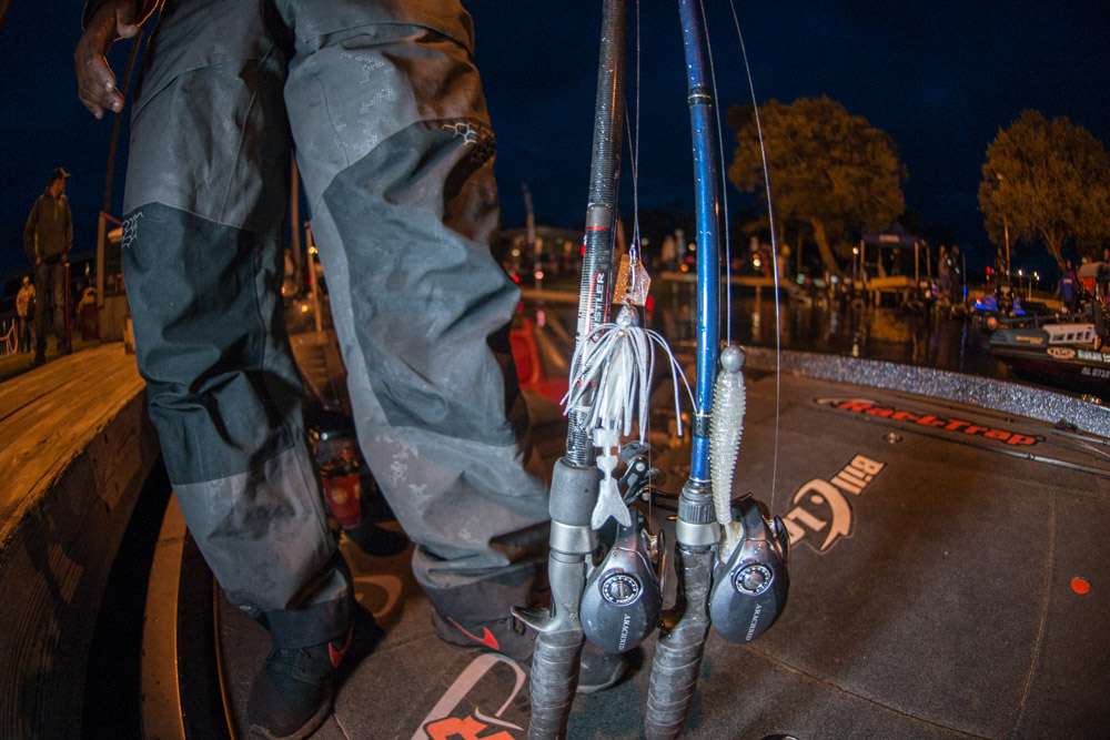 A custom-made 3/8-ounce chatterbait rigged with a 3.5-inch Lake Fork Live Magic Shad was a top choice. So was a 3.8-inch Keitech Swing Impact FAT on a 3/8-ounce weight with 2/0 Owner Round Bend Worm Hook. 
