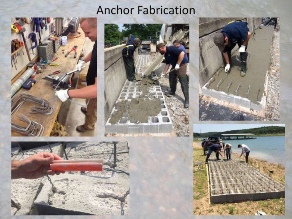 â¢ Starting with the top left pictureâ¦ Fence stays or cable is used to make handles for the anchors. <br>
â¢ Plywood is placed on the ground, then flat edged cinder blocks are placed side by side. <br>
â¢ Blocks are filled with concrete (pea gravel mix works the best when you push handles in later).<br> 
â¢ We have averaged 115 blocks per yard of concrete. <br>
â¢ Each anchor weighs approximately 80 pounds. <br>
â¢ Brush the concrete off the top of the blocks with a broom, then push the handles in before the concrete sets up. <br>
â¢ PVC handle for carrying blocks (more comfortable on your hands). <br> 
â¢ Staff pouring anchors on the shoreline for ease of access. 