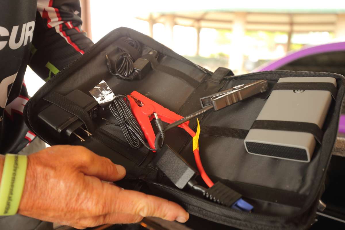 This case holds a mini-charging system for emergency jumpstarts on the water.