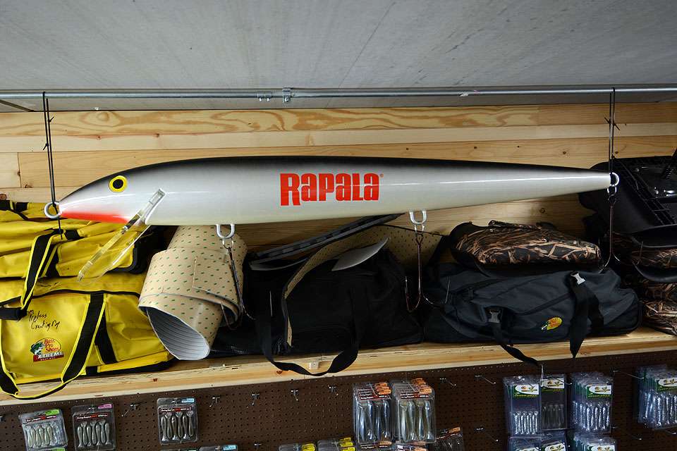 The only lure in the Man Cave not going through that rotation is this king sized, mock Rapala Original Floating Minnow. The brand is a sponsor and DeFoe chose it to decorate the Man Cave. 
