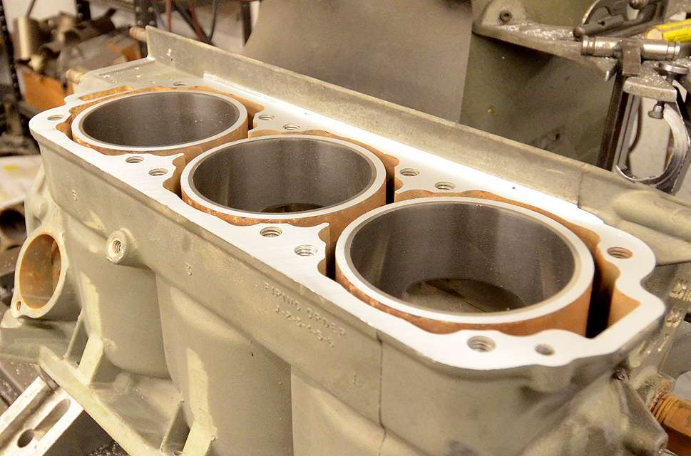This is the head of an engine block after being milled.
	If the cylinders need to be bored, this is done precisely prior to milling with an F3 Bridge Bore machine. Cylinder sleeves are replaced, if necessary. 
