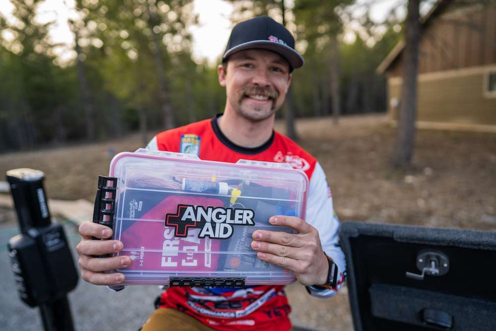 âThis is a box that I worked with the company to design. Itâs called the Angler Aid Essentials Box.â Inside the compact box is everything that you need on the water, for emergencies, repairs and more.
